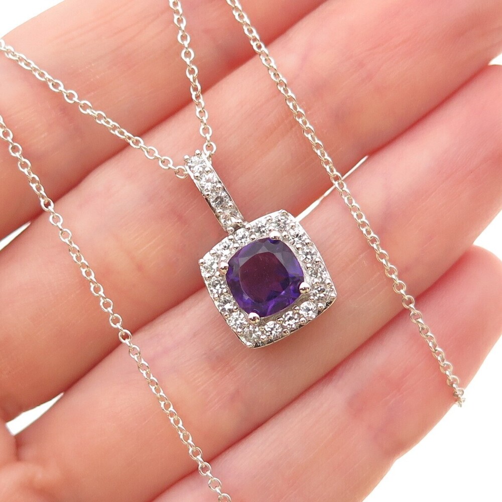 Kiran 925 Sterling Silver Real Amethyst & White Topaz Cable Chain Necklace 18"